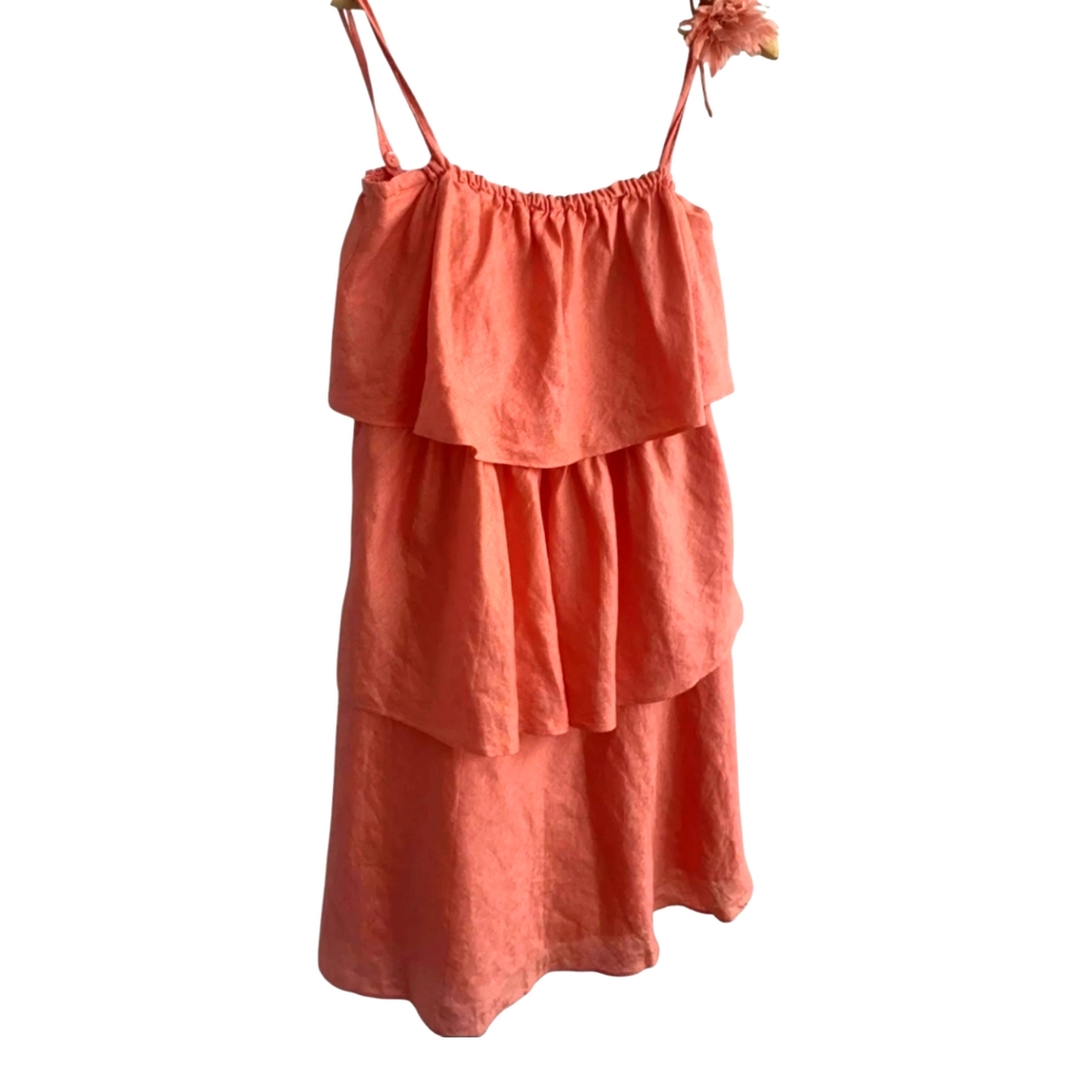 J. Crew Coral Orange Linen Ruffle Tiered Sun Dress w/Spaghetti Straps | Size 6 - Picture 2 of 9